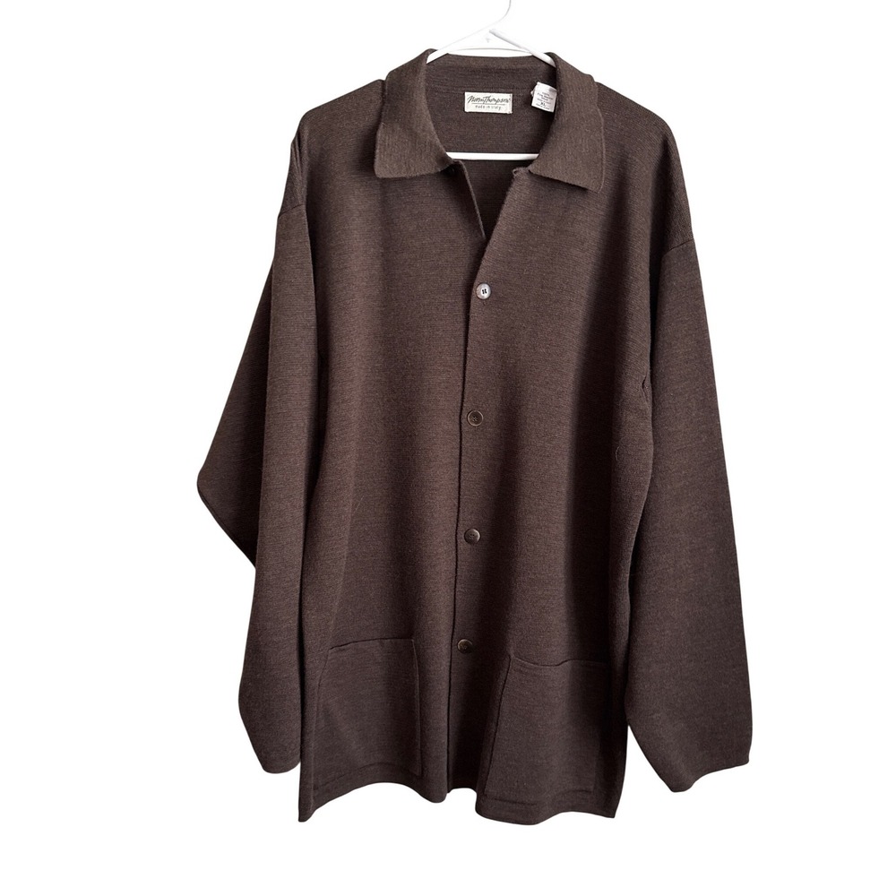 Norm Thompson Wool Cardigan Sweater XL Collared Brown Button Front Pockets Italy